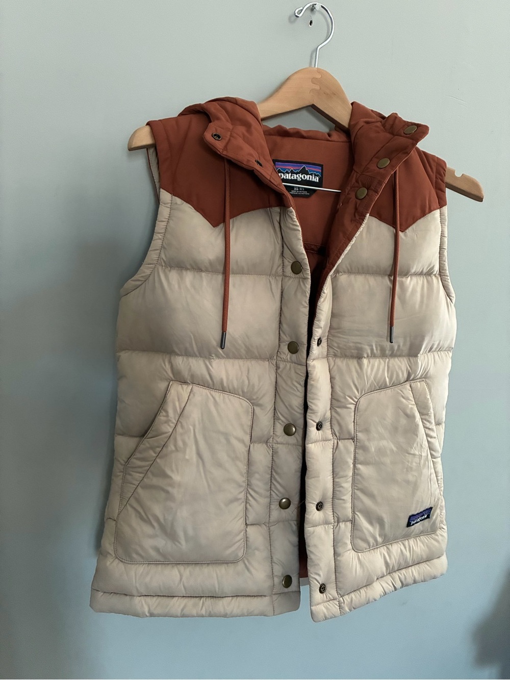 Patagonia bivy Women's Two-Tone Hooded Puffer Vest in Cream & Rust